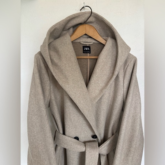 Zara Ecru Taupe Knit Hooded Belted Winter Coat - Picture 6 of 16